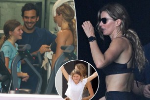 A split photo of Gisele Bündchen working out with Joaquim Valente and her daughter Vivian and a photo of Gisele Bündchen working out and a small photo of Vivian standing