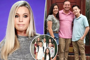 A split photo of Kate Gosselin talking and Jon Gosselin posing with two of his kids and a small photo of the Gosselin kids