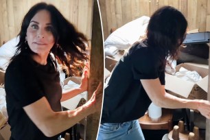 Two split photos of Courteney Cox closing a door