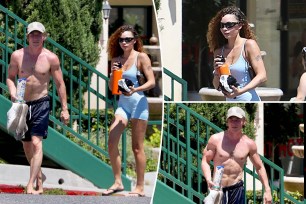 Shirtless Jeremy Allen White and Ashley Moore split image.