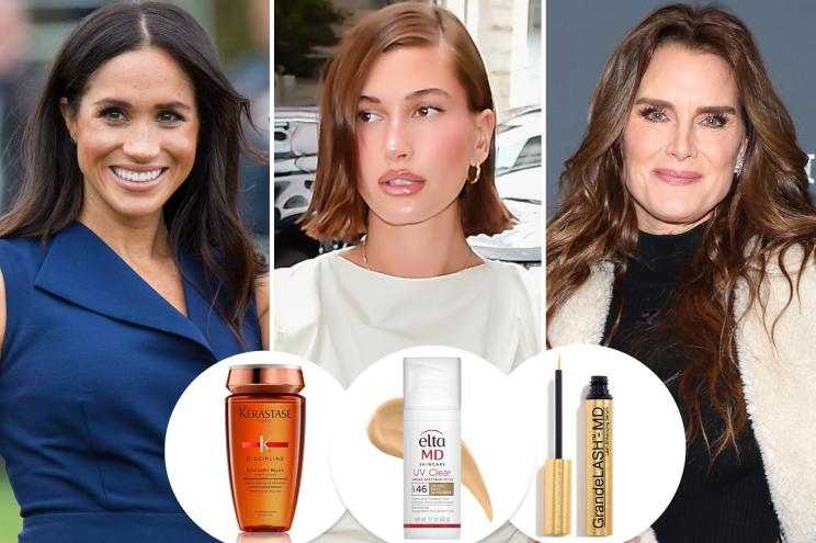 Meghan Markle, Hailey Bieber and Brooke Shields with insets of beauty products