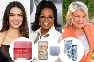 Kendall Jenner, Oprah and Martha Stewart with insets of a lip mask, jewelry box and oven mitts