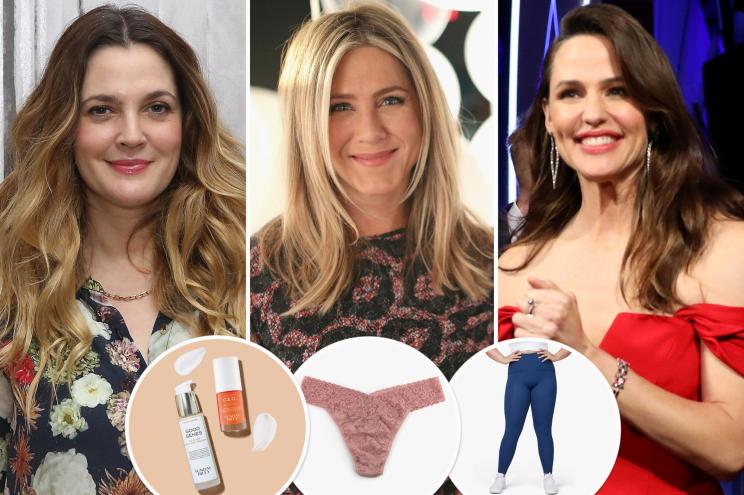 Drew Barrymore, Jennifer Aniston and Jennifer Garner with insets of skincare products, a lace thong and workout leggings