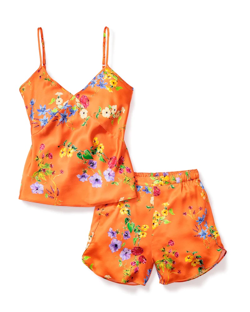 An orange floral silk short pj set