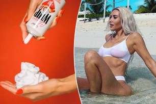 A split of whipped sunscreen and Kim Kardashian wearing a bikini