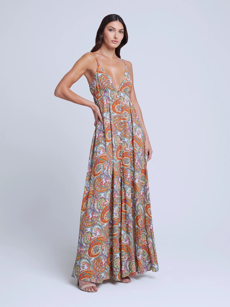 A model in a silk floral maxi dress