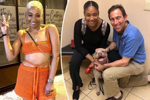 Tiffany Haddish on left in orange and Tiffany Haddish in black with dog on right.