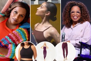 Mindy Kaling, Ariana Grande and Oprah Winfrey with insets of a sports bra, workout onesie and leggings