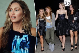 Miley Cyrus with Taylor Swift, Demi Lovato and Emily Osment split image.