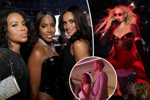 Meghan Markle with Kerry Washington and Kelly Rowland split with Beyoncé with an inset of Meghan and Prince Harry at the Beyoncé concert.