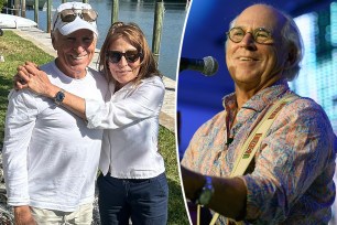 Jimmy and Laurie Buffett split with Jimmy Buffett on stage.