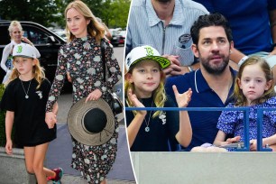 A split photo of Emily Blunt walking with her daughter and John Krasinski sitting with his two daughters