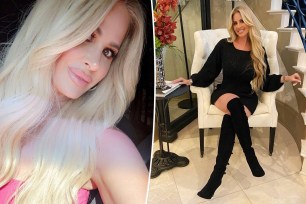 A split photo of a selfie of Kim Zolciak and Kim Zolciak sitting