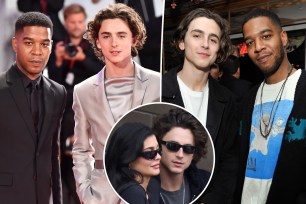 Split images of Kid Cudi and Timothée Chalamet with an Inset of CHalamet with Kylie Jenner.