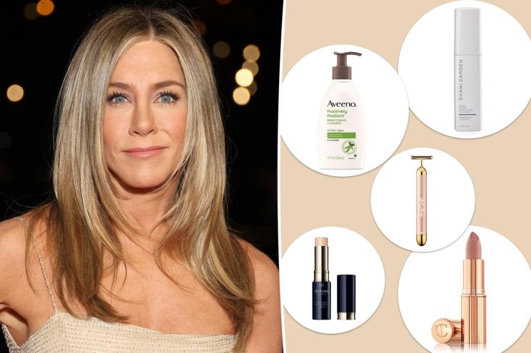 Jennifer Aniston split with photos of several beauty and skincare products