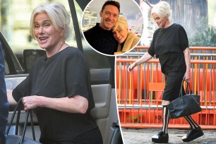 A split photo of Deborra-Lee Furness walking and another photo of Deborra-Lee Furness walking and a small photo of Deborra-Lee Furness with Hugh Jackman