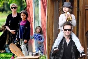 Hugh Jackman and Deborra-Lee Furness with kids Oscar and Ava split image.