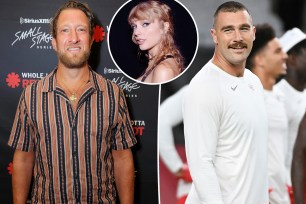 A split photo of Dave Portnoy posing and Travis Kelce standing and Taylor Swift posing