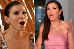 A split photo of Heather Dubrow screaming and Heather Dubrow talking in a confessional