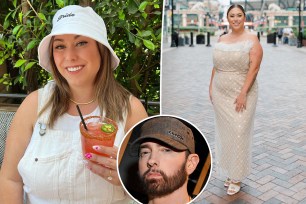 A composite image of Alaina Scott standing in the street, sitting with a drink and a photo of her dad Eminem.