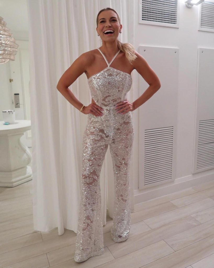 Lindsay Hubbard posing in a jumpsuit  on her bachelorette trip.
