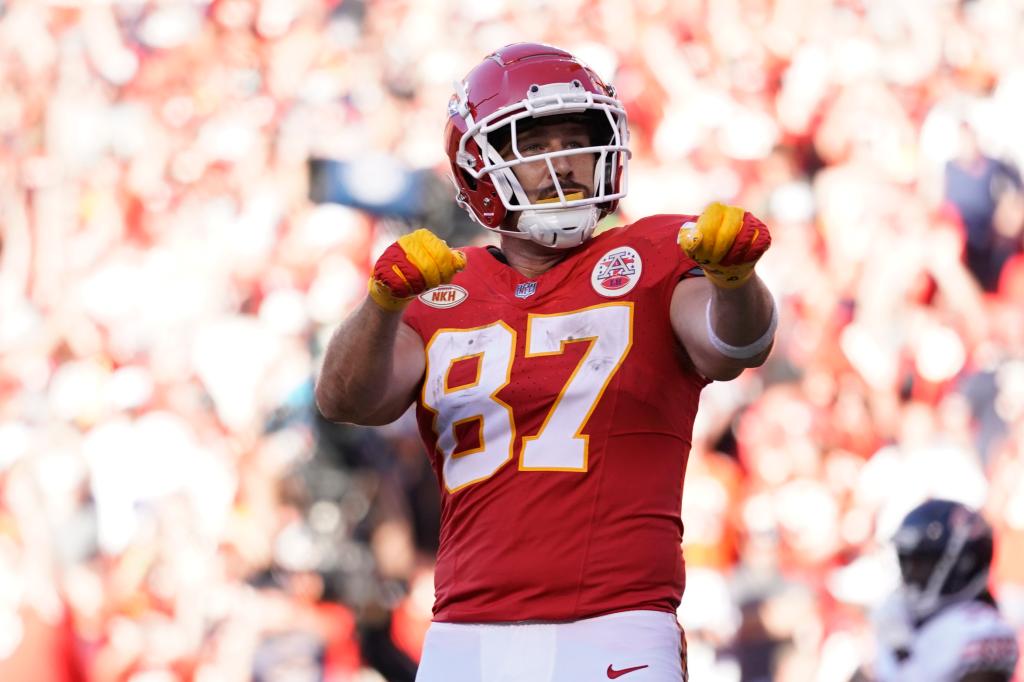 Travis Kelce dancing after scoring a touchdown.