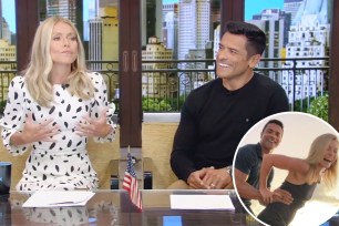 Mark Consuelos and Kelly Ripa talking on "LIVE" and a small photo of Mark Consuelos holding Kelly Ripa