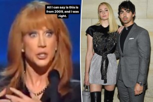 A split of Kathy Griffin with a photo of Sophie Turner and Joe Jonas.