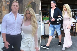 A split photo of Kroy Biermann and Kim Zolciak posing and Kim Zolciak and Kroy Biermann walking