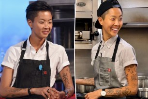 Kristen Kish on left in apron and on right in apron.