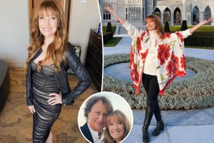 Split images of Jane Seymour with an inset of her and John Zambetti.