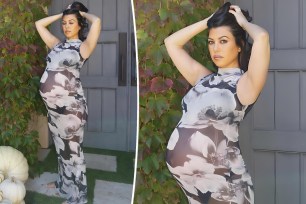 Kourtney Kardashian shows off baby bump in skin-tight mesh floral-print dress.