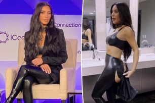 Kim Kardashian sitting in a chair in a black outfit on the left, Kim kardashian with ripped latex pants and black bralette on right