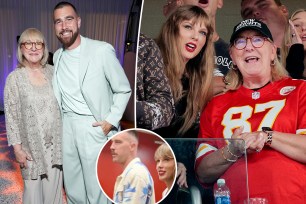 A split photo of Travis Kelce and Donna Kelce and Taylor Swift and Donna Kelce standing together and a small photo of Travis Kelce and Taylor Swift