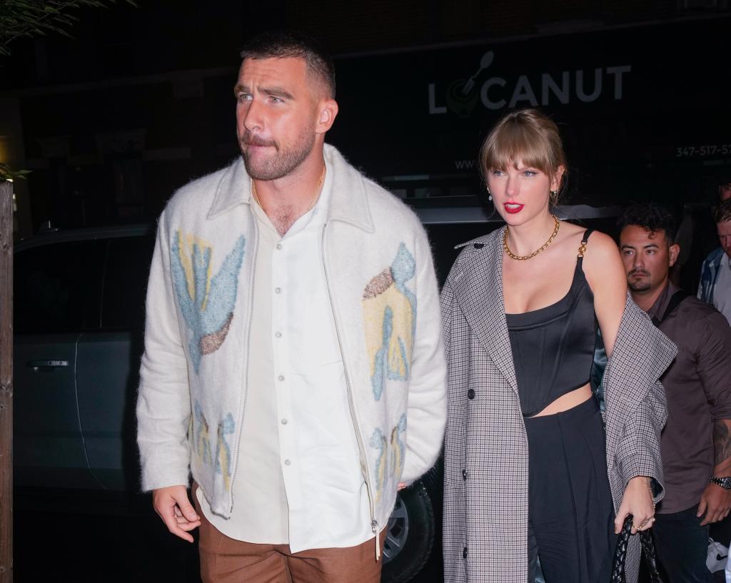 Travis Kelce and Taylor Swift arriving at the "SNL" afterparty.