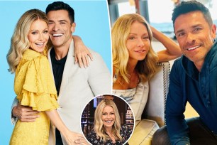 Two split photos of Kelly Ripa and Mark Consuelos posing together and a small photo of Kelly Ripa smiling