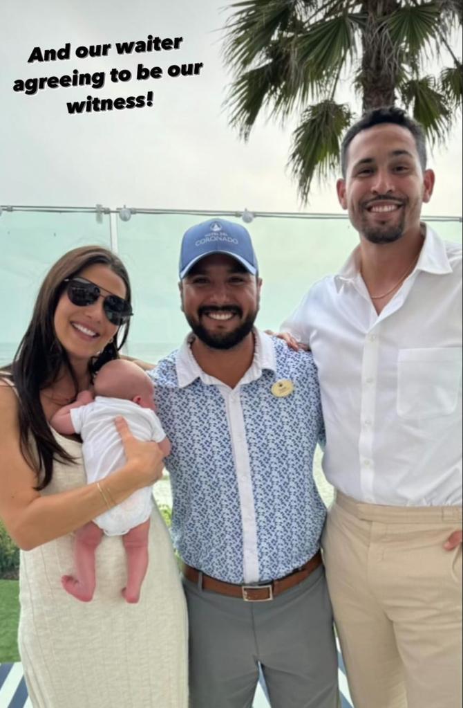 Becca Kufrin and Thomas Jacobs with their waiter.