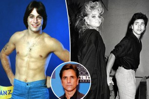 Tony Danza split with John Stamos and Teri Copley with an inset of John Stamos.
