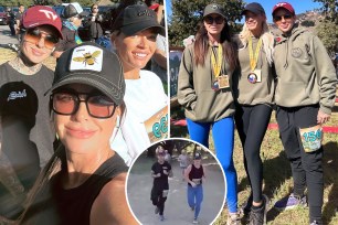 Two split photos of Teddi Mellencamp, Kyle Richards and Morgan wade running a 10K and a small photo of Kyle Richards and Morgan Wade running together