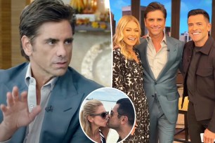 A split photo of John Stamos talking and Kelly Ripa, John Stamos and Mark Consuelos posing and a small photo of Mark Consuelos kissing Kelly Ripa