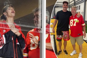 Taylor Swift with Ed Kelce split image of Travis and Ed Kelce.