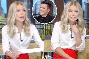 Two split photos of Kelly Ripa talkin gon "Live" and a small photo of Mark Consuelos laughing on "Live"