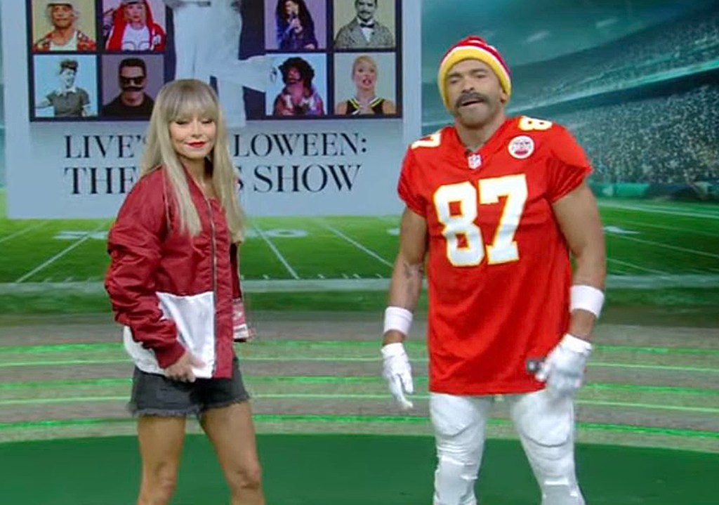 Kelly Ripa and Mark Consuelos dressed as Taylor Swift and Travis Kelce. 