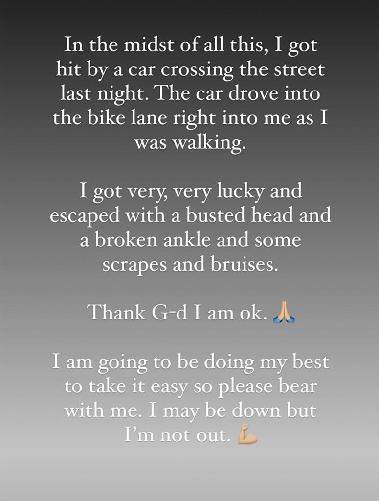 Lizzy Savetsky's statement about being hit by a car. 