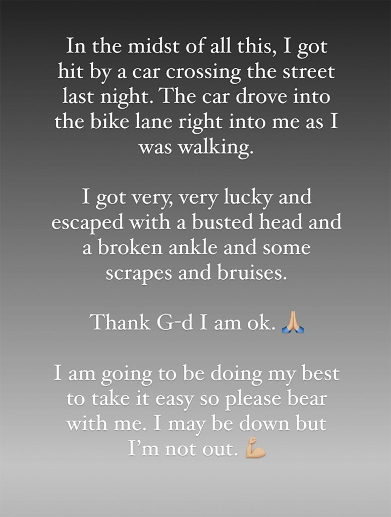 Lizzy Savetsky's statement about being hit by a car. 