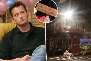 Matthew Perry on left looking up, Little Owl restaurant on right inset photo of flowers at memorial.
