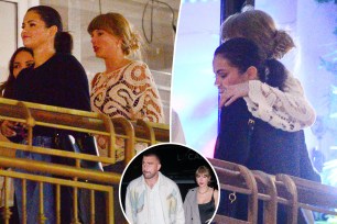 Taylor Swift and Selena Gomez, with a Travis Kelce inset