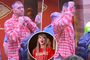 Travis Kelce with an inset of Taylor Swift
