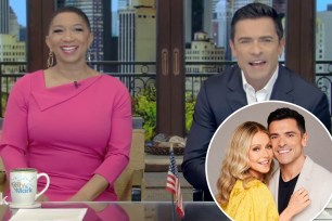 Deja Vu and Mark COnsuelos sitting on "Live" and a small photo of Kelly Ripa with Mark Consuelos