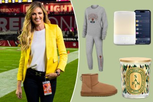 Erin Andrews with insets of a sweat-set, Uggs, candles and a baby monitor with a light on it